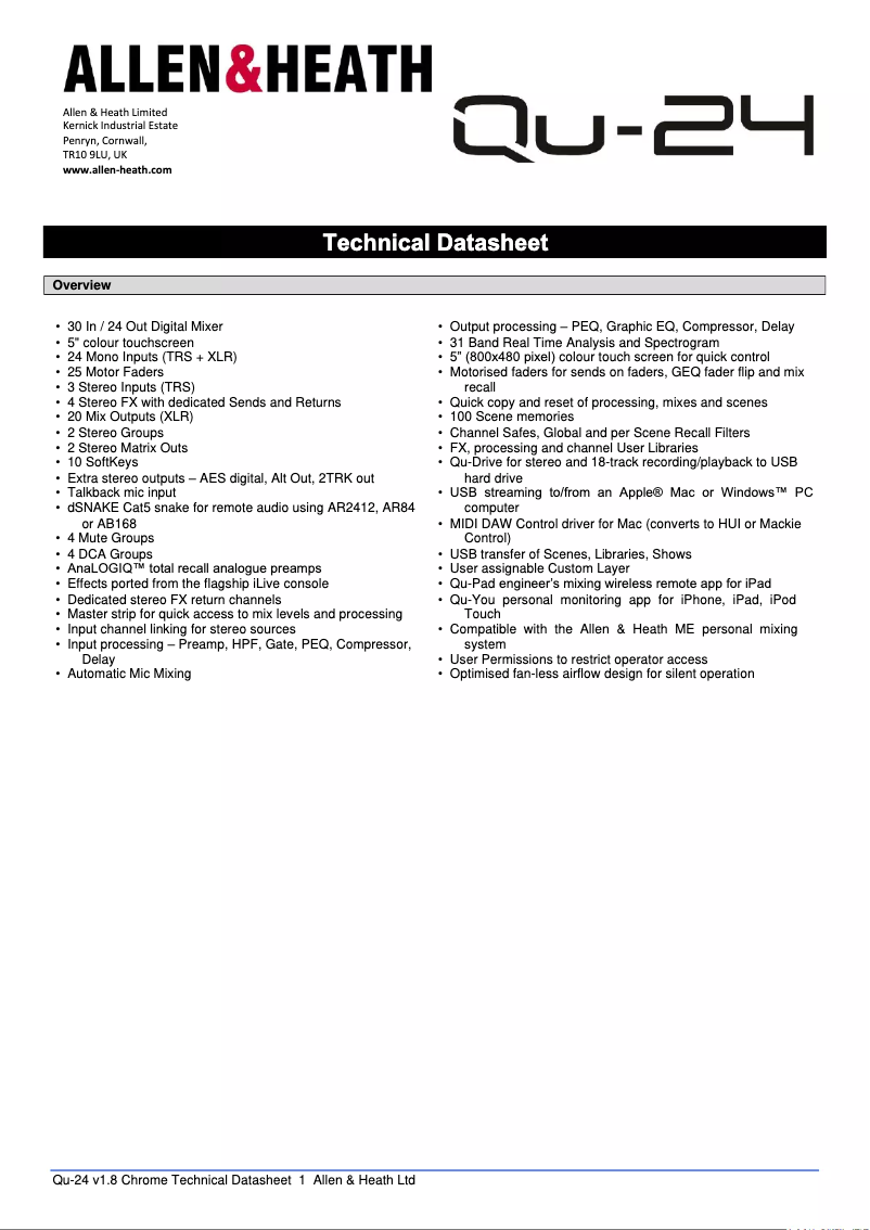 Page 1 de la notice Fiche technique Allen & Heath QU-24