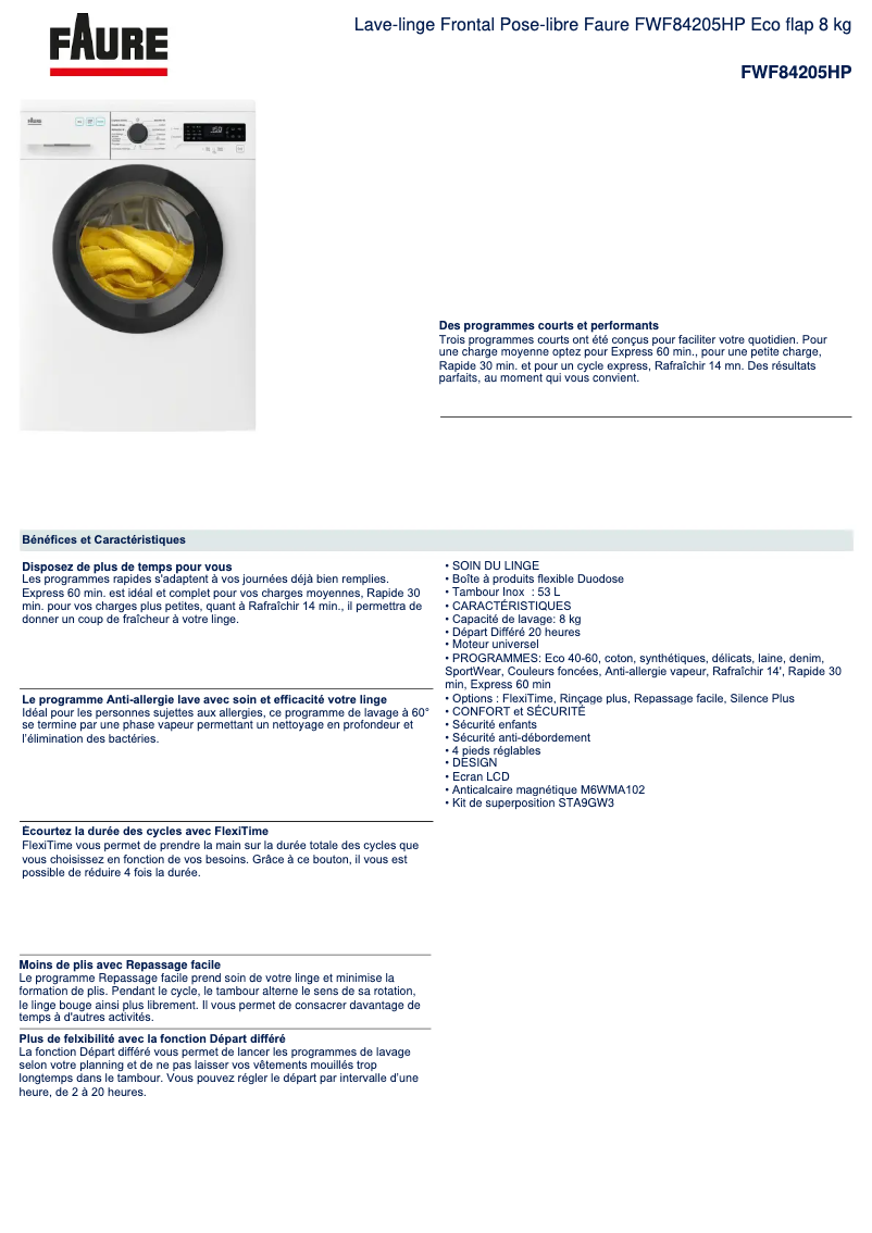 Page 1 de la notice Fiche technique Faure FWF84205HP