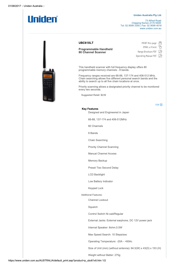 Page 1 de la notice Manuel utilisateur Uniden UBC61XLT