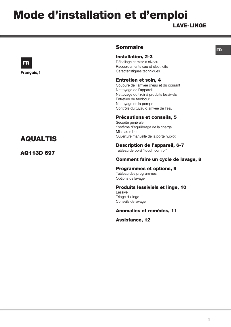 Page n°1 - Manuel utilisateur Hotpoint Aqualtis AQ113D 697 FR