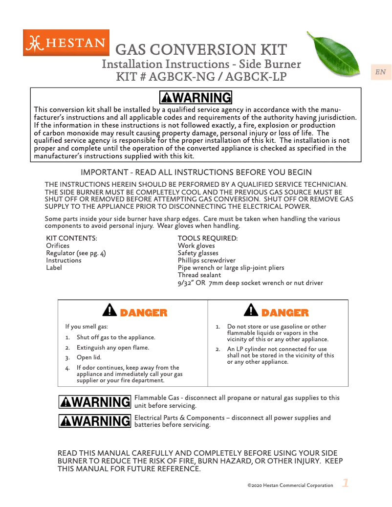 Page 1 de la notice Guide d'installation Hestan AGB122-LP