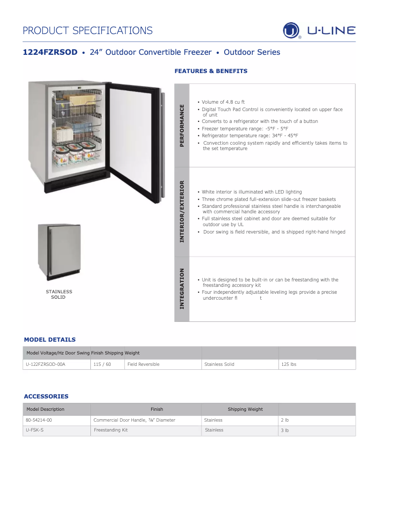Page n°1 - Fiche technique U-Line U-1224FZROD