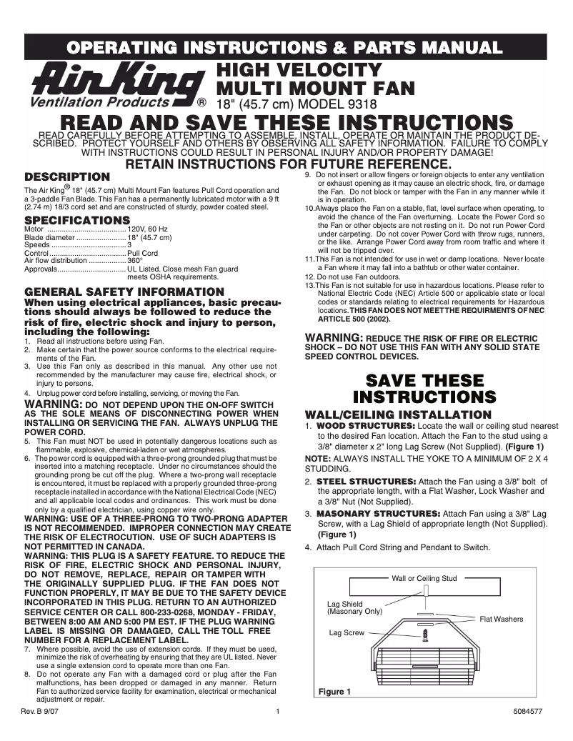Page 1 de la notice Manuel utilisateur Air King 9318