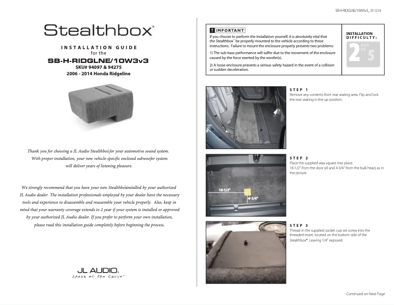 Image de la première page du manuel de l'appareil Stealthbox SB-H-RIDGLNE/10W3v3/GA