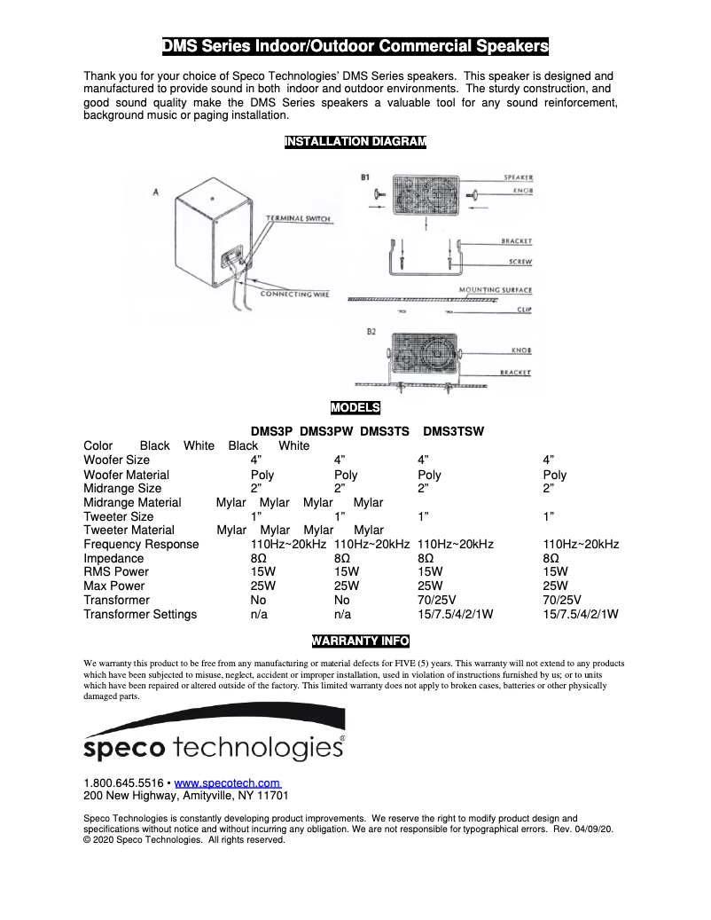 Page 1 de la notice Manuel utilisateur Speco Technologies DMS3TS