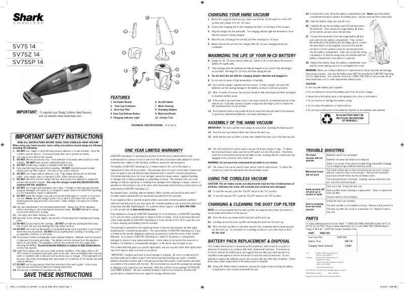 Page 1 de la notice Manuel utilisateur Shark Pet Perfect SV75