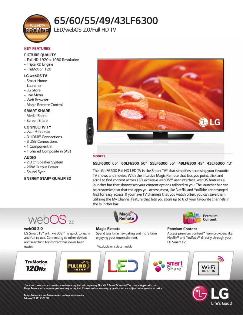 Page 1 de la notice Fiche technique LG 43LF6300