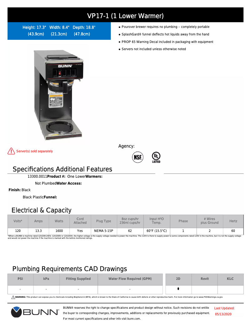 Page 1 de la notice Fiche technique Bunn VP17