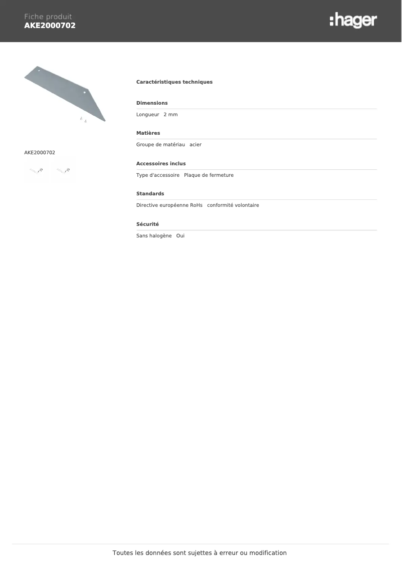 Page 1 de la notice Manuel utilisateur Hager AKE2000702