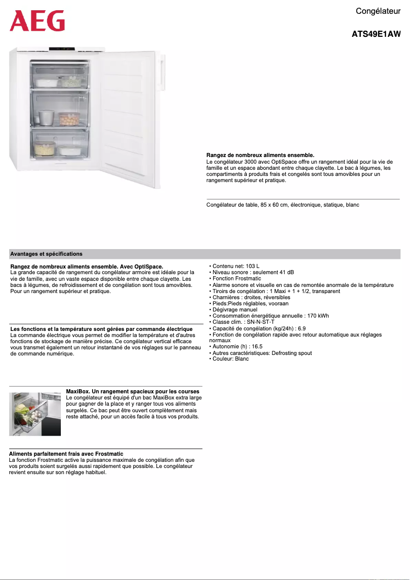 Page 1 de la notice Fiche technique AEG ATS49E1AW