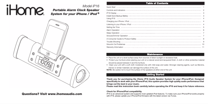 Page 1 de la notice Manuel utilisateur iHome iP16