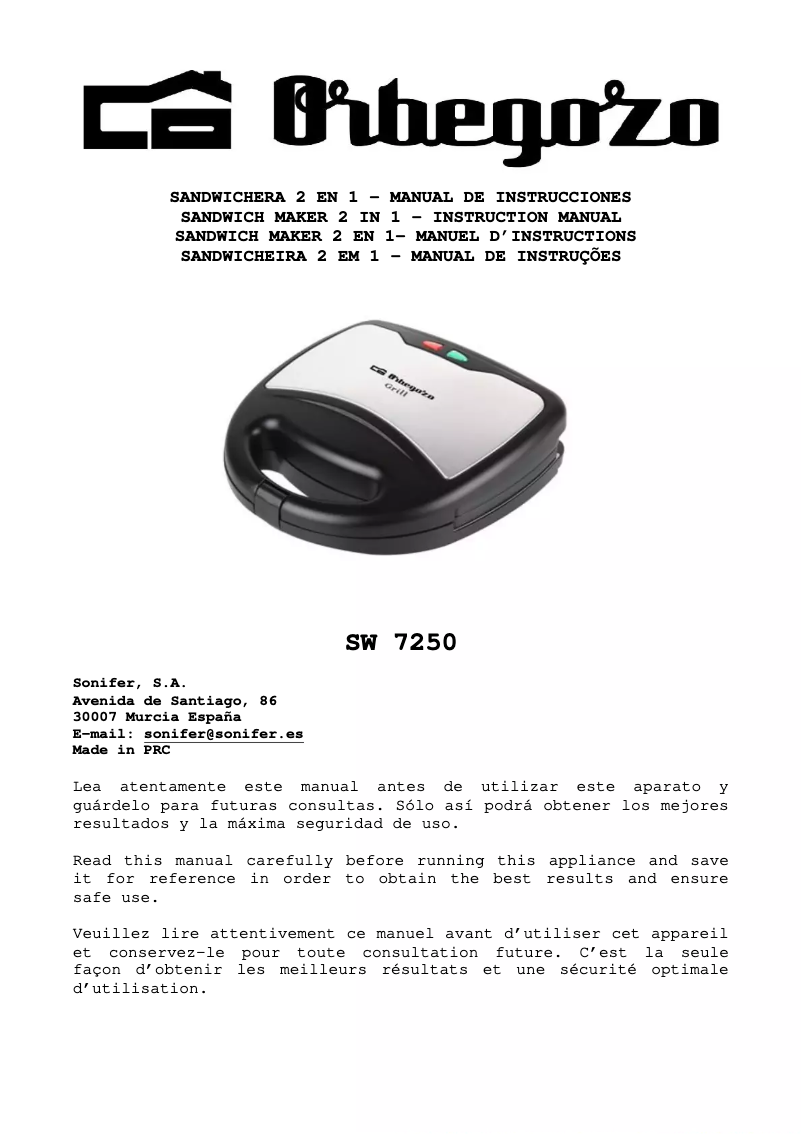 Page n°1 - Manuel utilisateur Orbegozo SW 7250