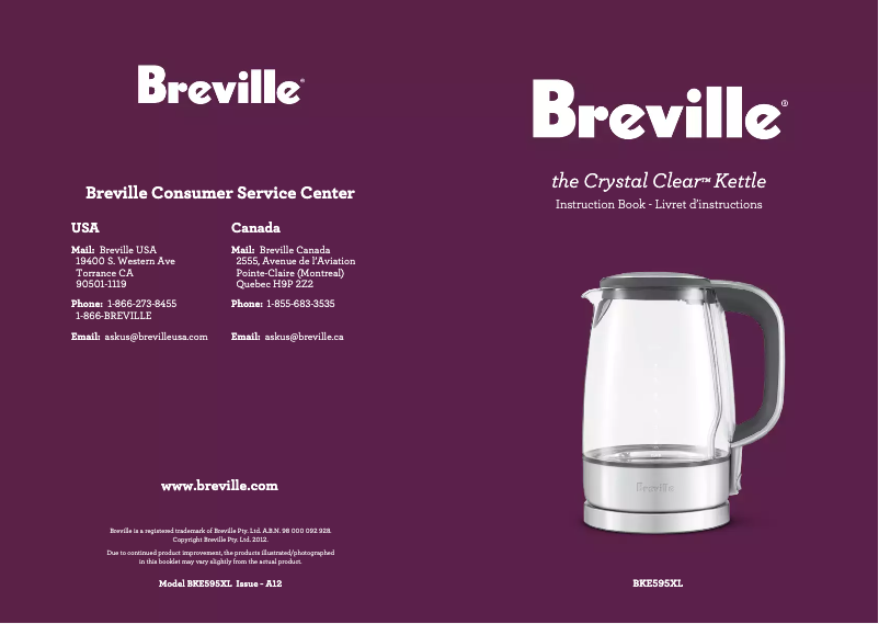 Page 1 de la notice Manuel d'utilisation et d'entretien Breville the Crystal Clear Kettle BKE595XL