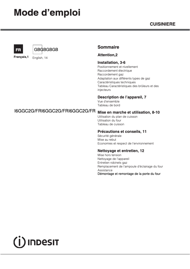 Page 1 de la notice Manuel utilisateur Indesit I6GGC2G(W)/FR