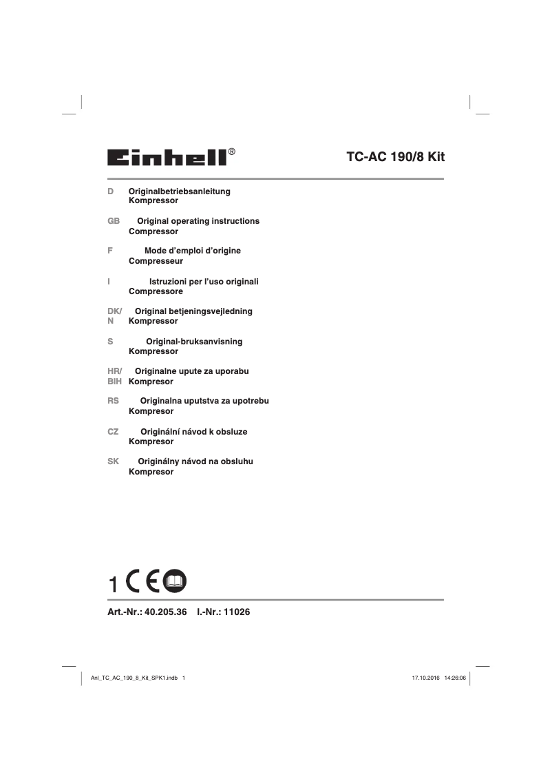 Page n°1 - Manuel utilisateur Einhell TC-AC 190/8 Kit