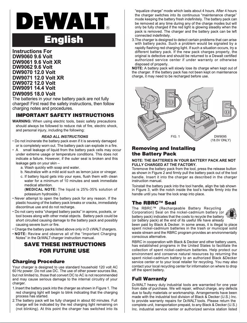 Page 1 de la notice Manuel utilisateur DeWalt DW9091