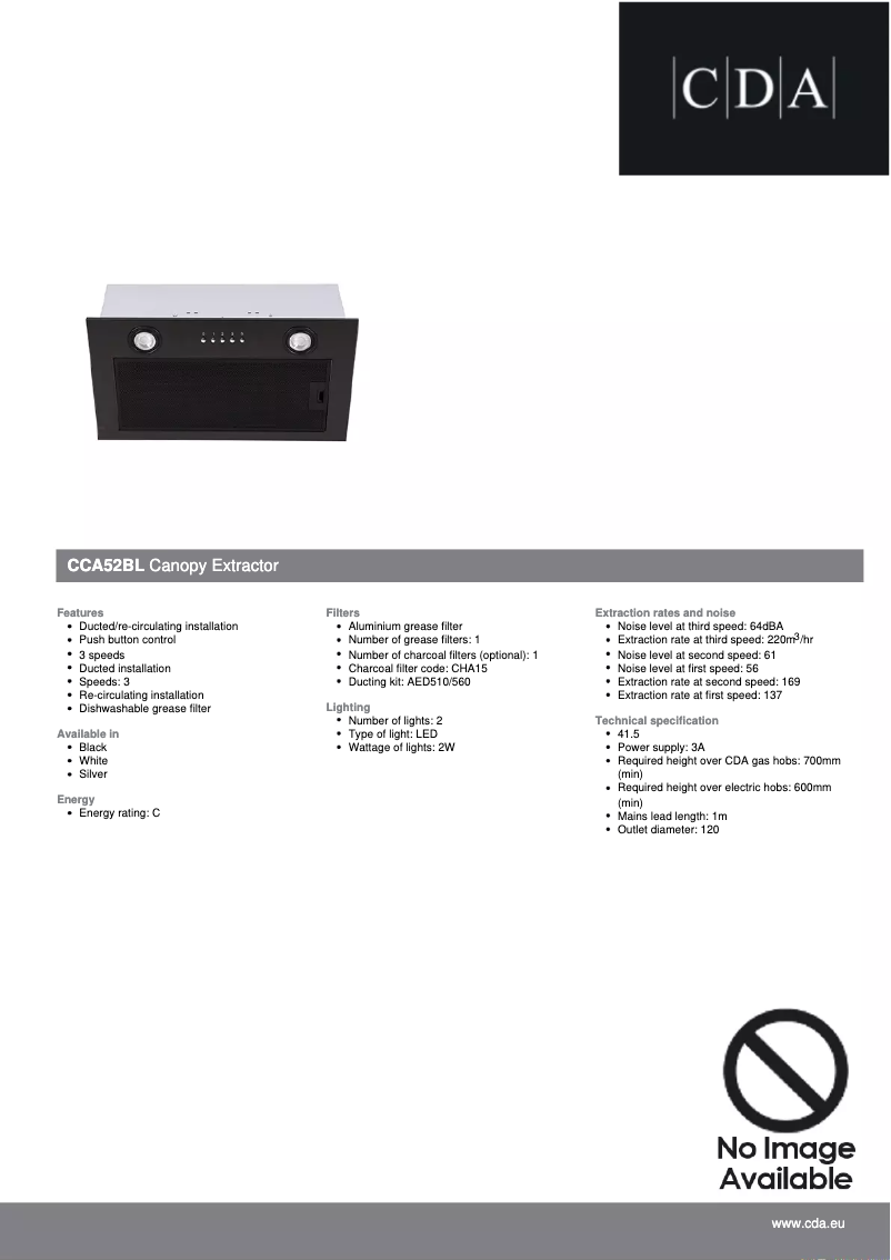 Page 1 de la notice Fiche technique CDA CCA52BL