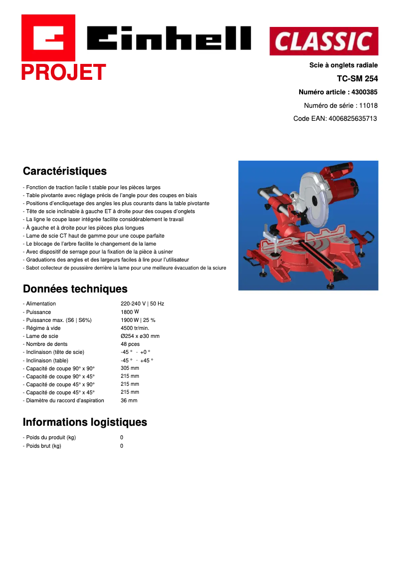 Page 1 de la notice Fiche technique Einhell TC-SM 254