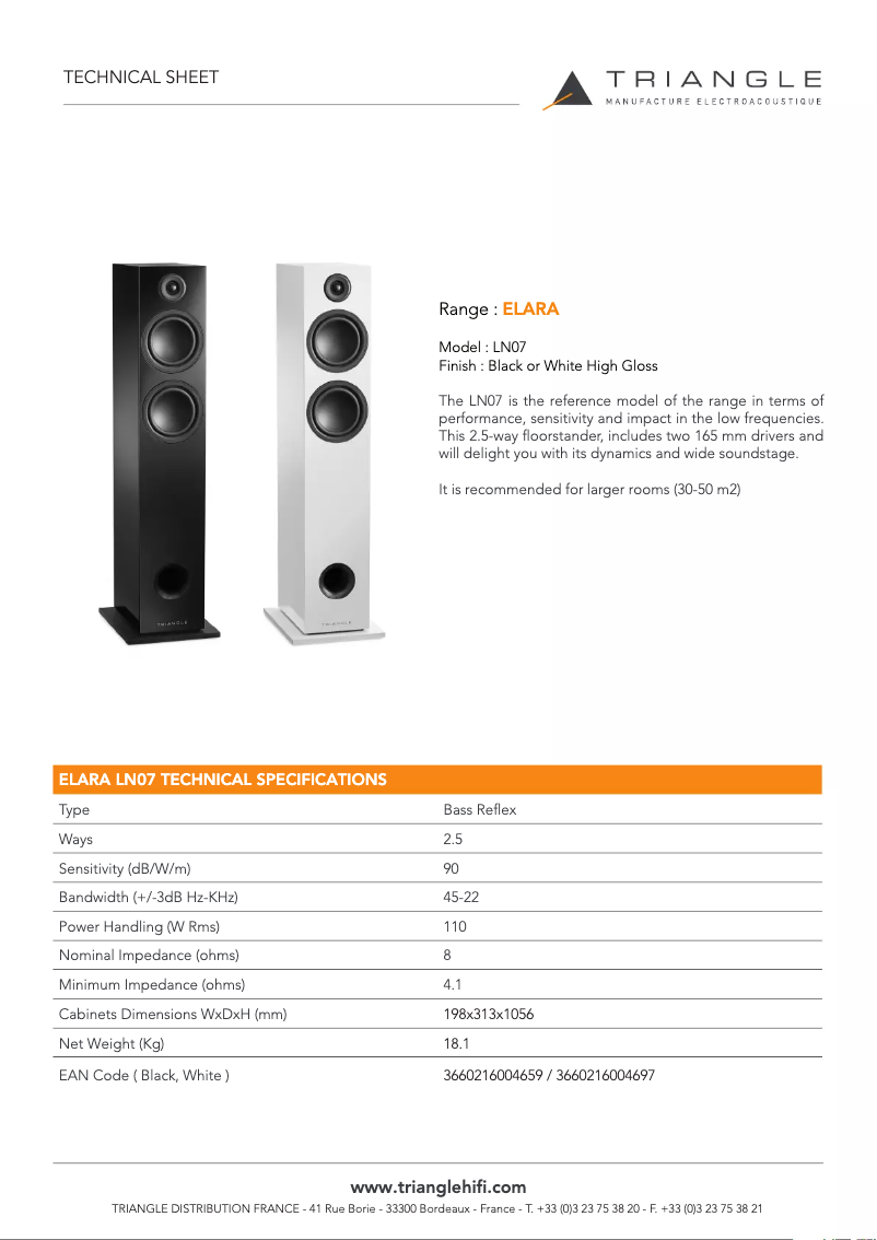 Page 1 de la notice Fiche technique Triangle Elara LN07