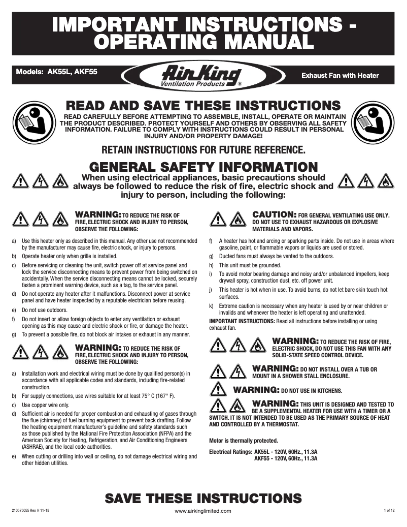 Page n°1 - Instructions / montage Air King AK55L