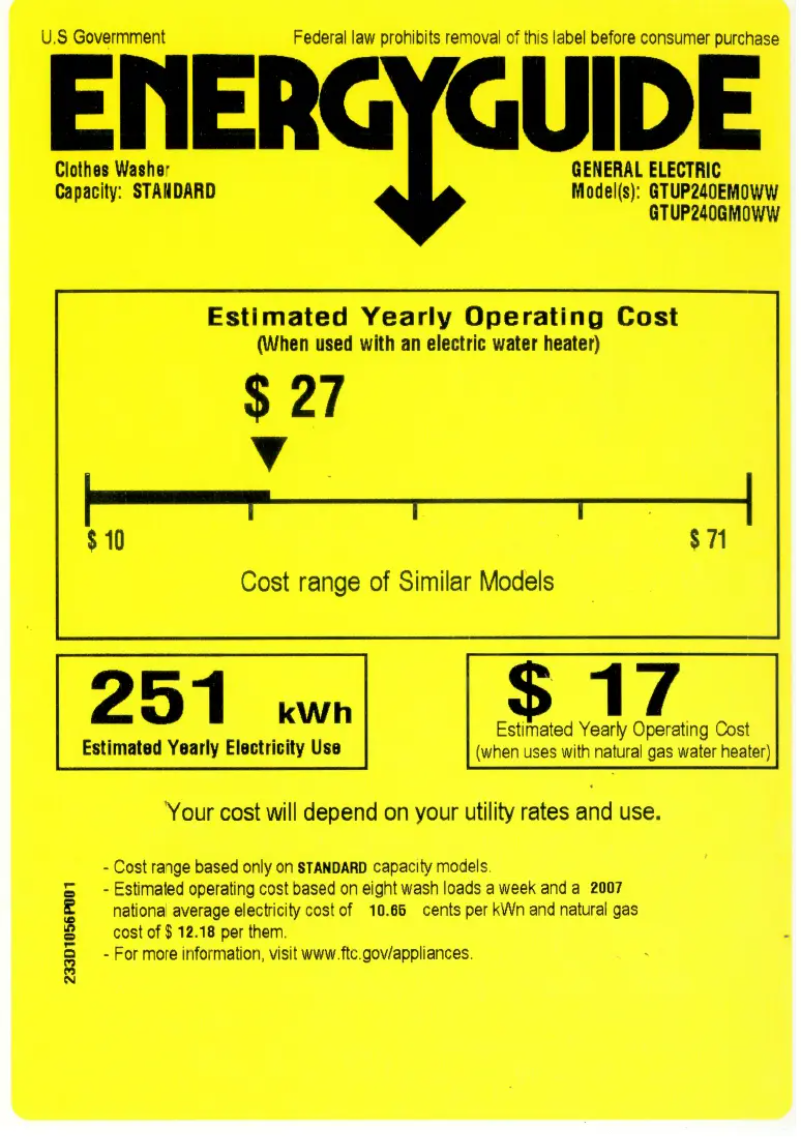 Page 1 de la notice Label énergétique GE Spacemaker GTUP240GMWW
