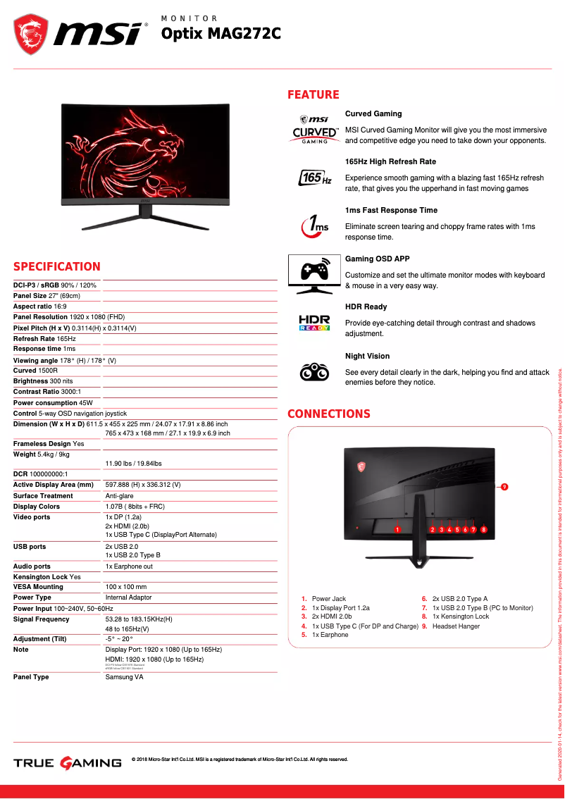 Página 1 del manual Ficha técnica MSI Optix MAG272C