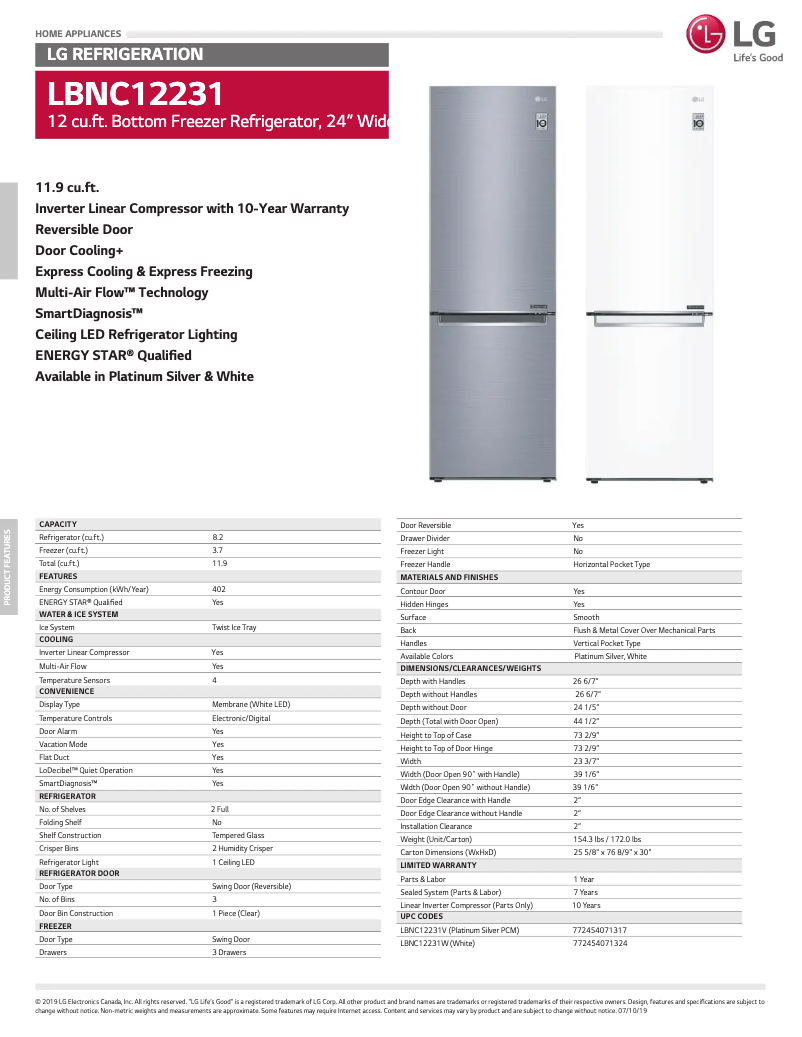 Page 1 de la notice Fiche technique LG LBNC12231W