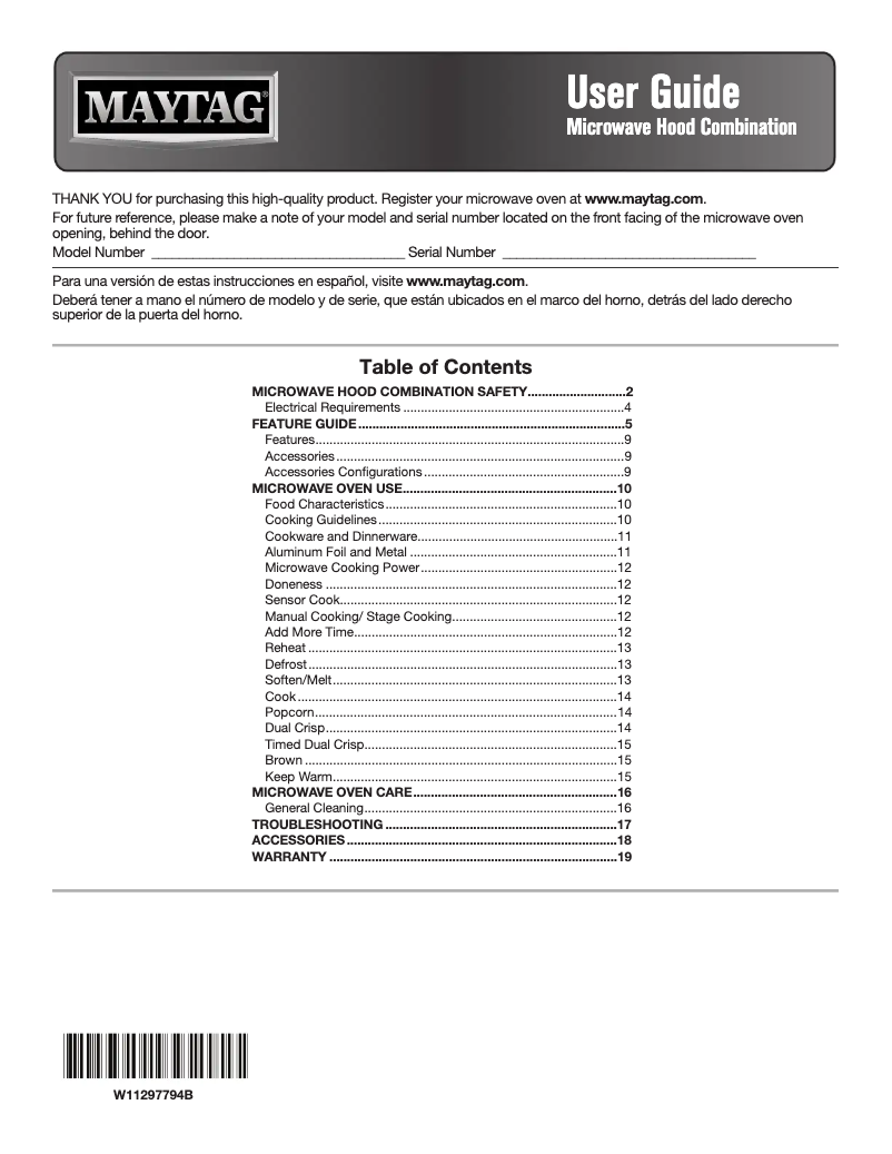 Page 1 de la notice Informations de garantie Maytag MMV5227JZ