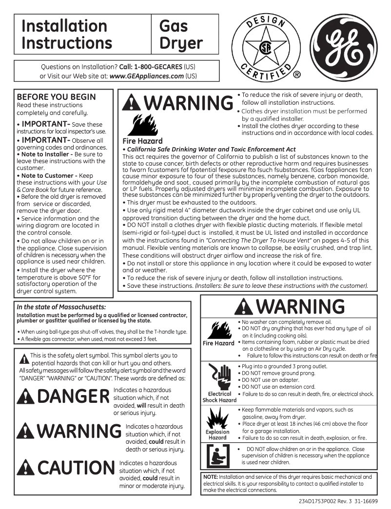 Page 1 de la notice Guide d'installation GE GTDS825GDMC