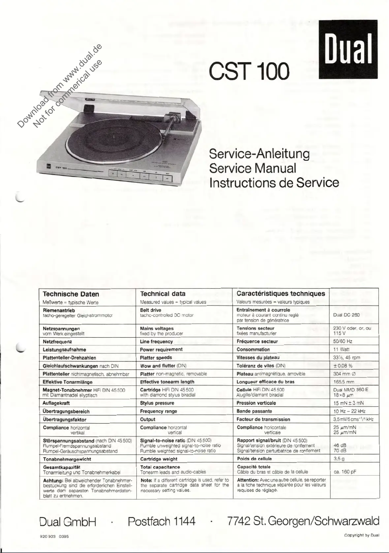 Page n°1 - Manuel utilisateur Dual CST 100