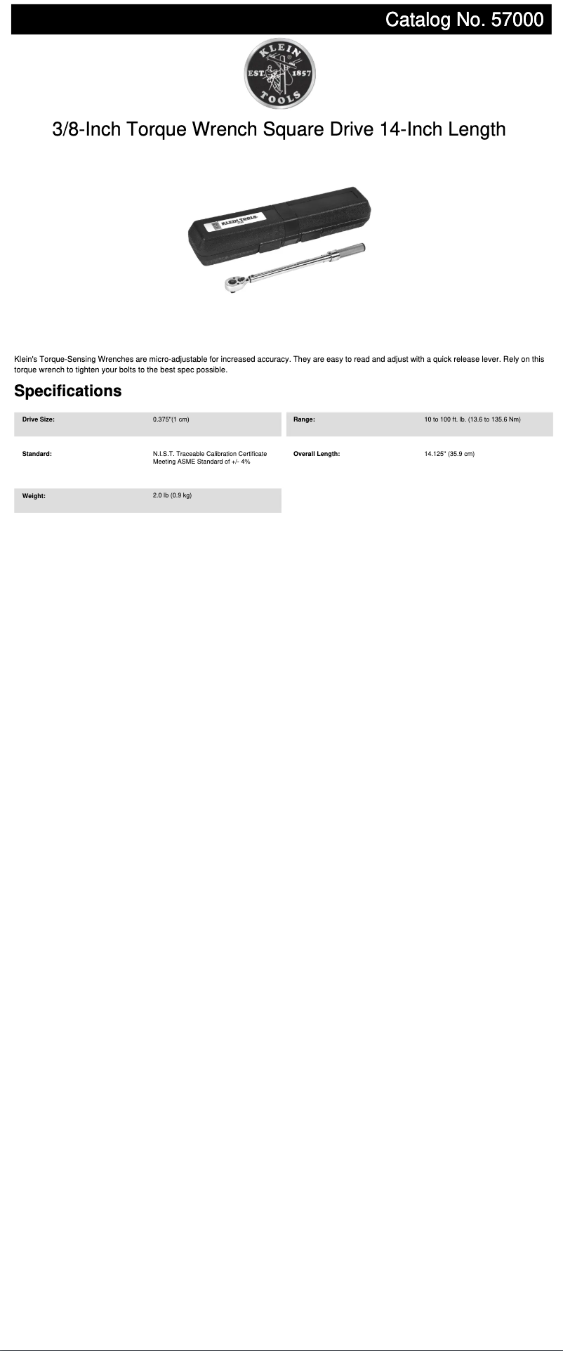 Page 1 de la notice Fiche technique Klein Tools 57000