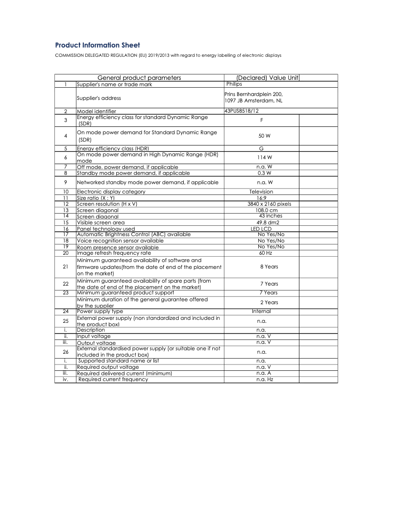 Page n°1 - Fiche technique Philips 43PUS8518