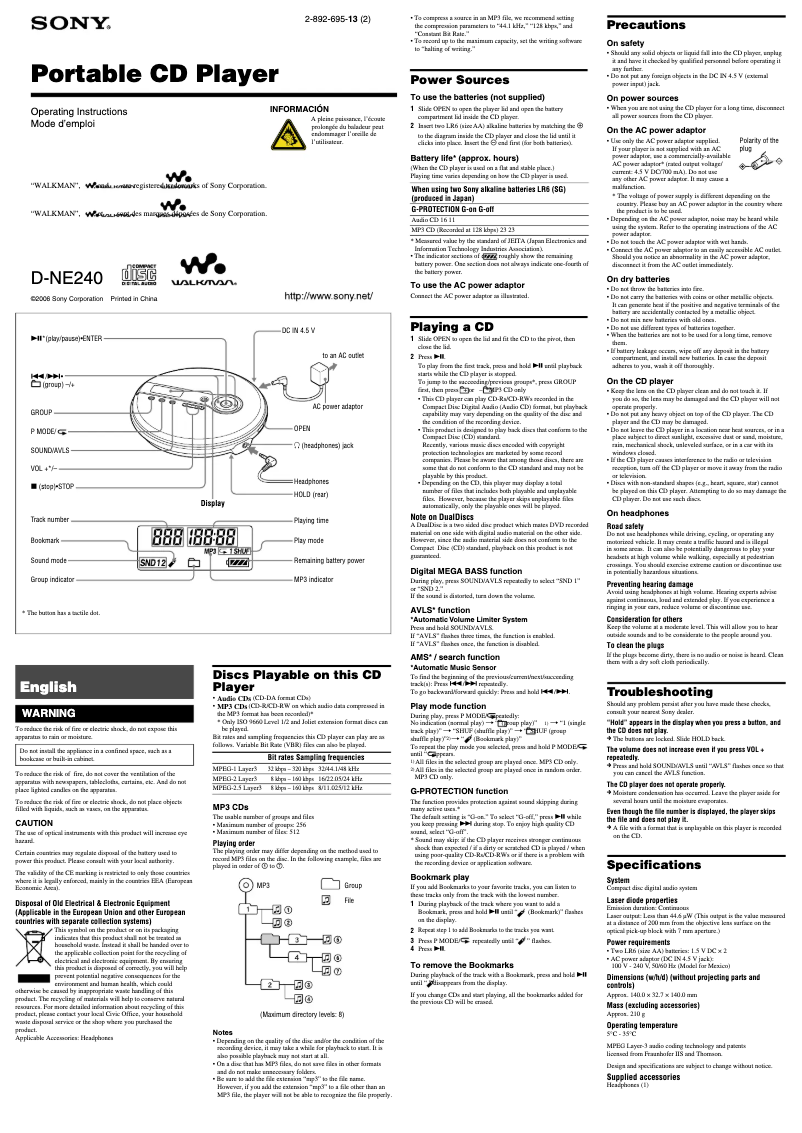 Page 1 de la notice Manuel utilisateur Sony D-NE240