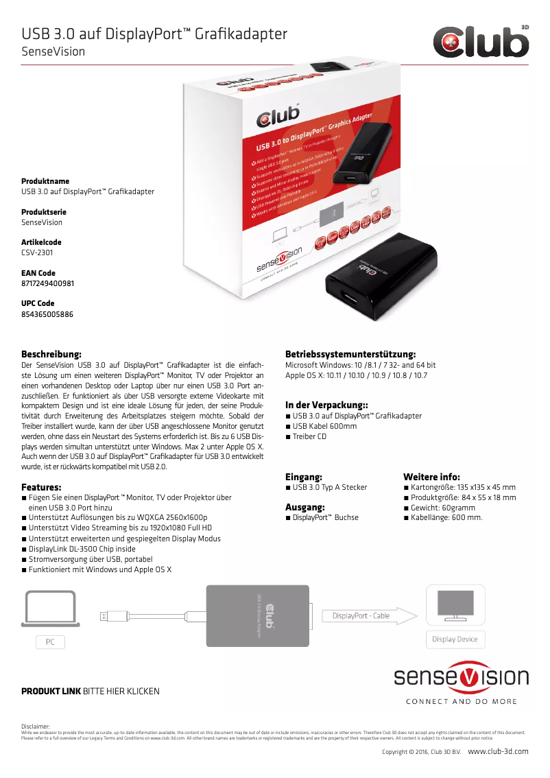 Page n°1 - Manuel utilisateur CLUB3D SenseVision USB3.0 to Displayport 1600p Graphics Adapter