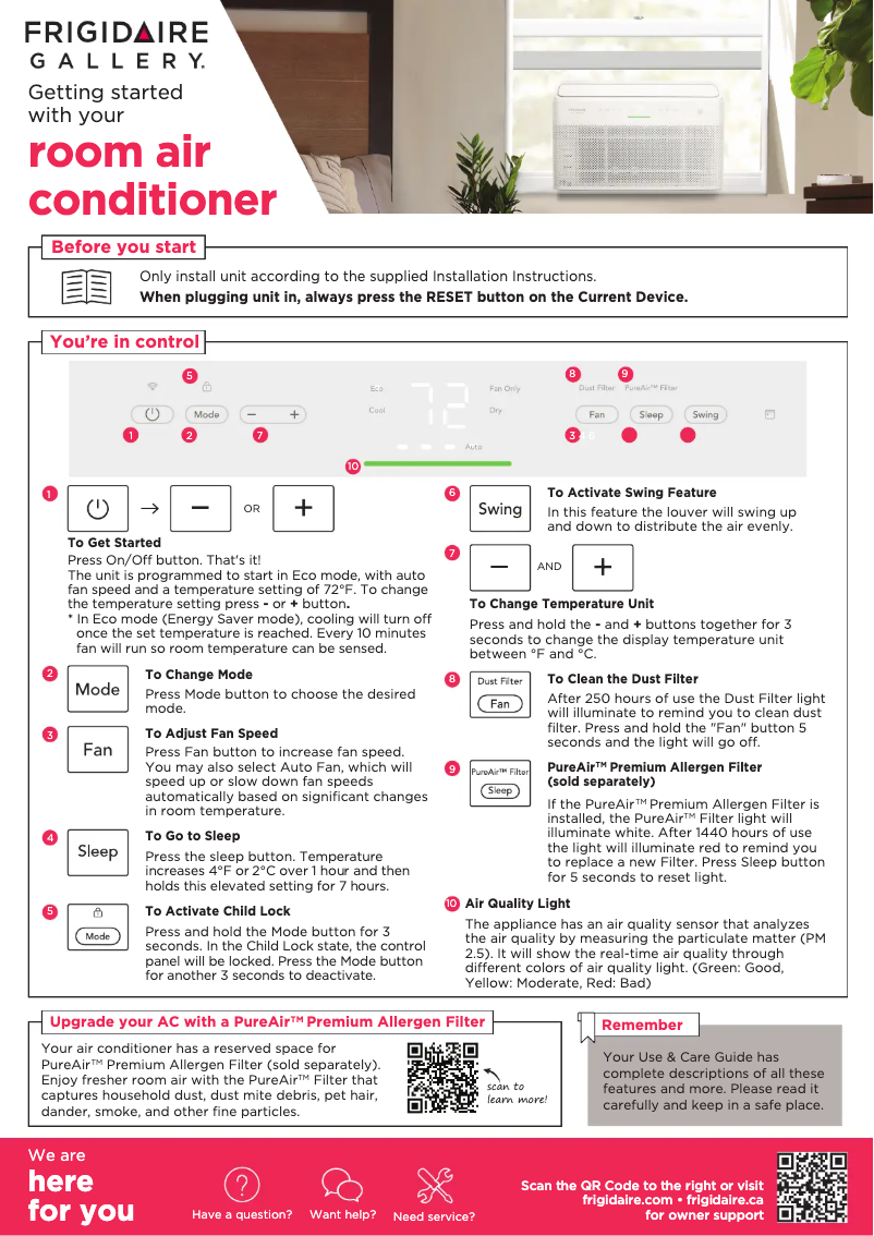 Page 1 de la notice Guide de démarrage rapide Frigidaire GHWQ125WD1