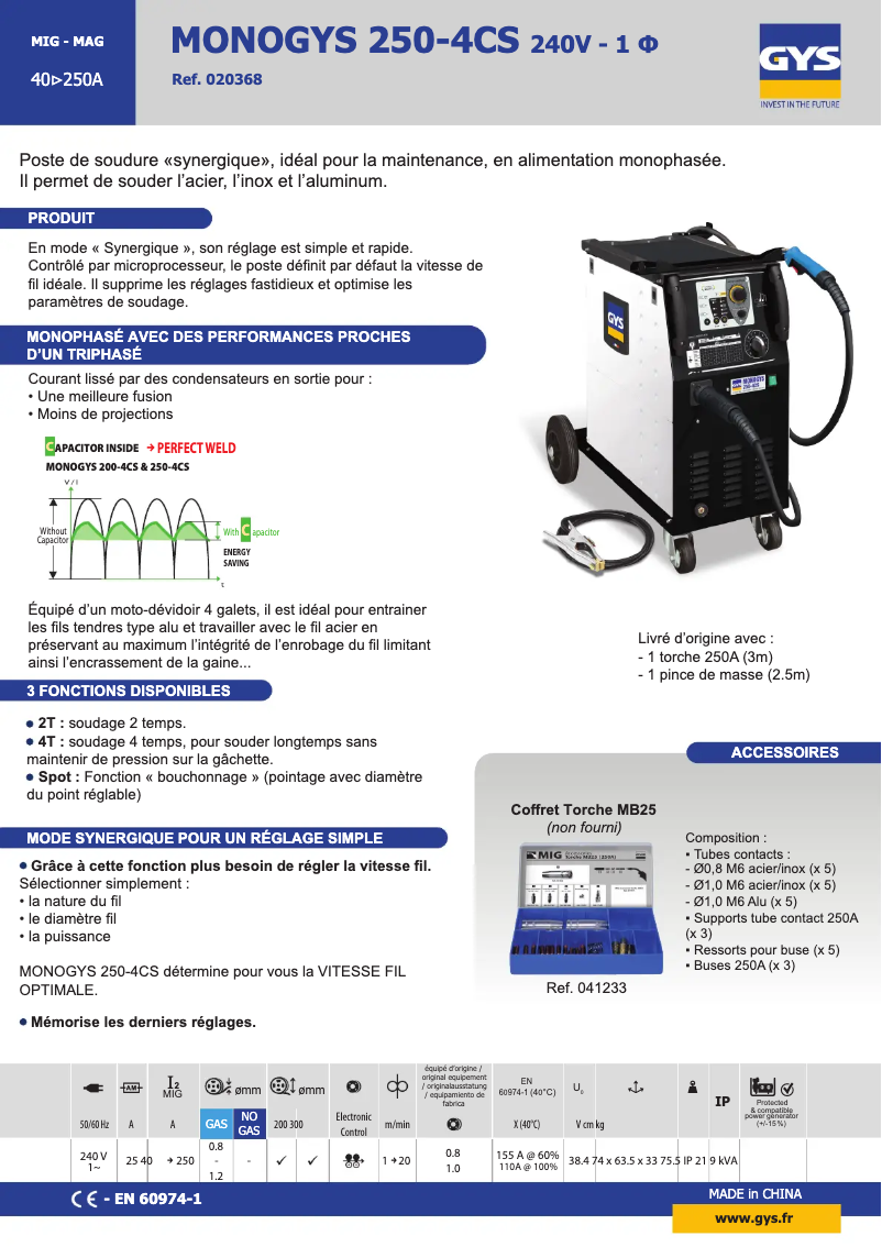 Page 1 de la notice Fiche technique GYS Monogys 250-4Cs