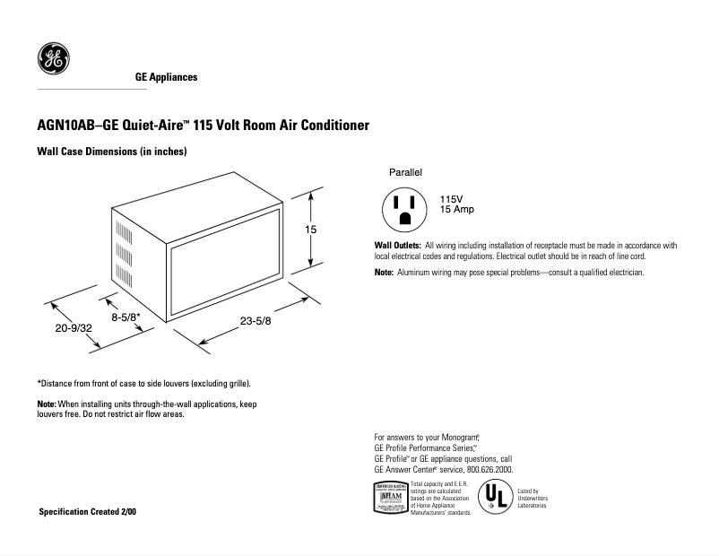 Page 1 de la notice Fiche technique GE Quiet-Aire AGN10AB