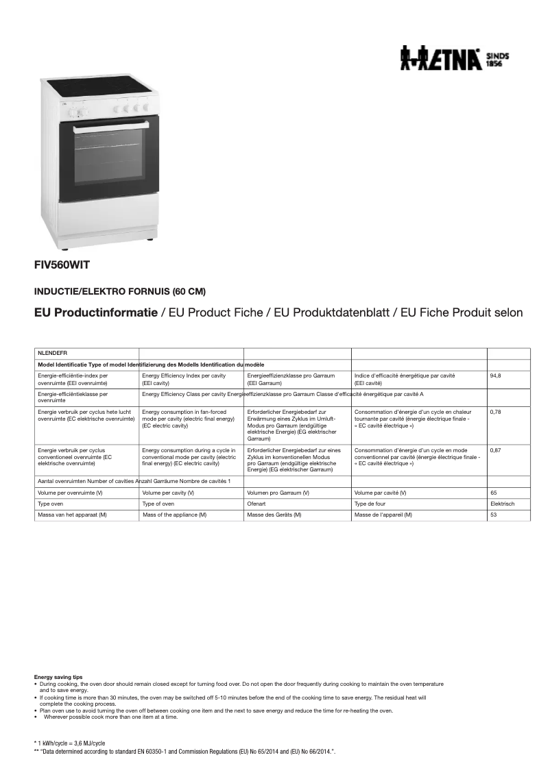Page n°1 - Fiche technique Etna FIV560WIT