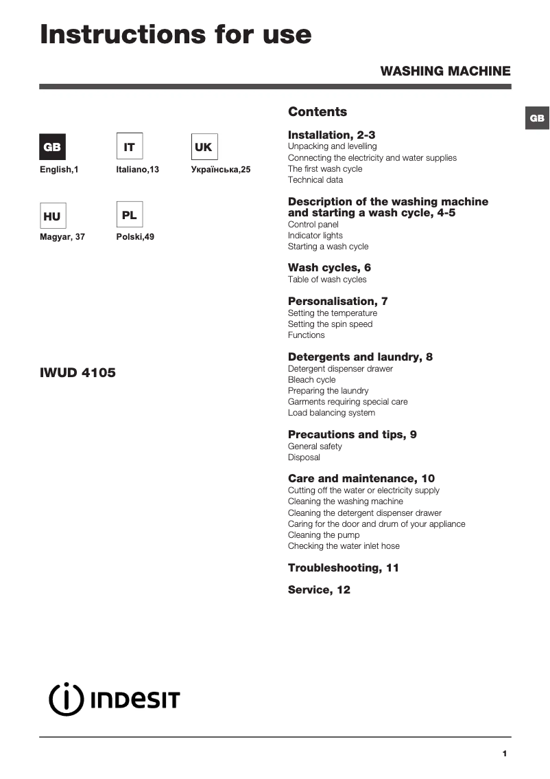 Page 1 de la notice Manuel utilisateur Indesit IWUD 4105