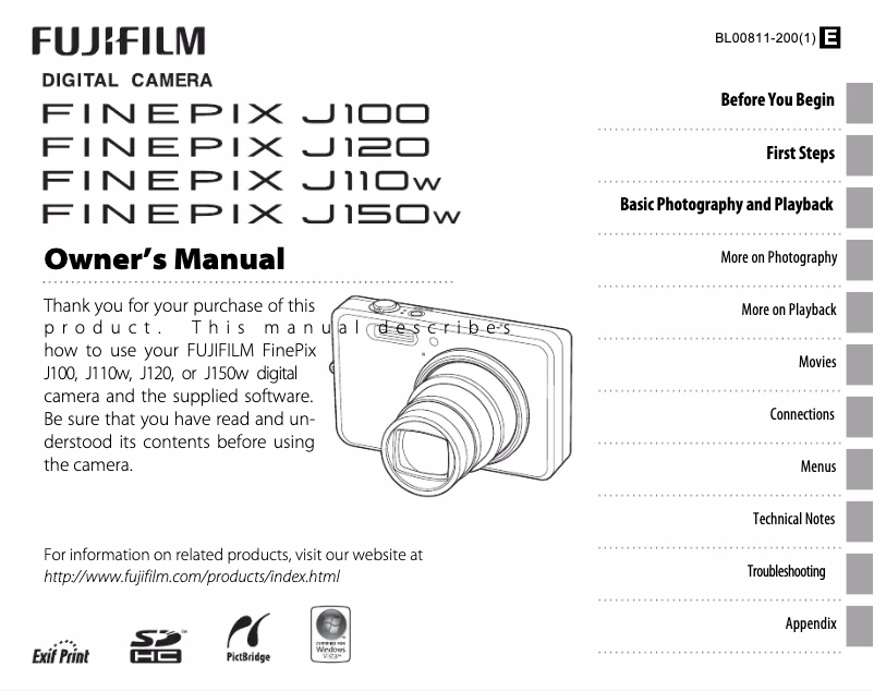 Image de la première page du manuel de l'appareil FinePix J100W