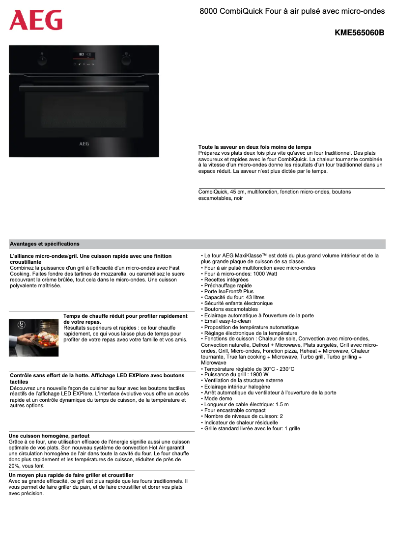 Page 1 de la notice Fiche technique AEG KME565060B