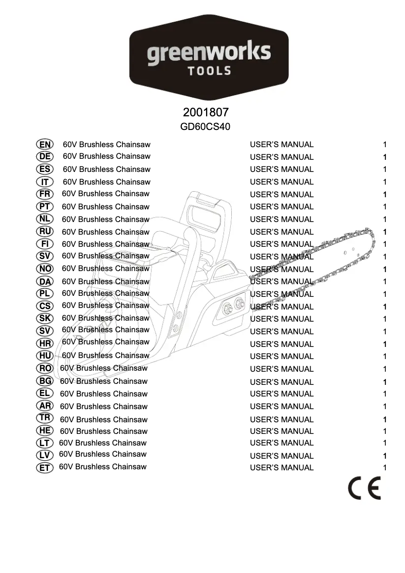 Page 1 de la notice Manuel utilisateur Greenworks GD60CS40