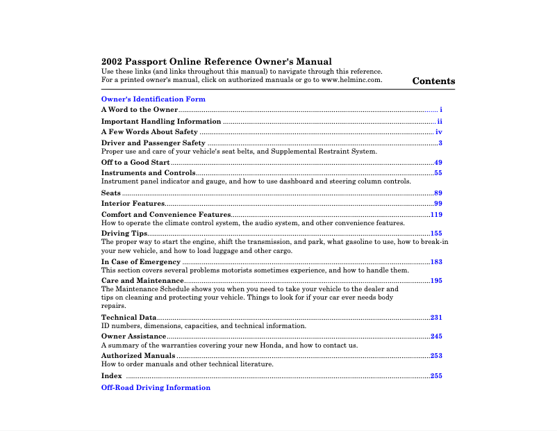 Page 1 de la notice Manuel utilisateur Honda Passport (2002)