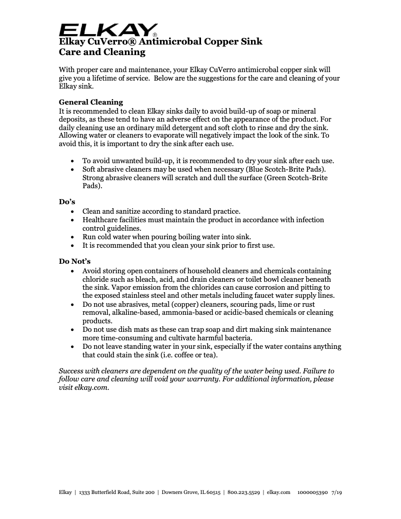 Page 1 de la notice Manuel d'utilisation et d'entretien Elkay CuVerro LRAD2521453-CU