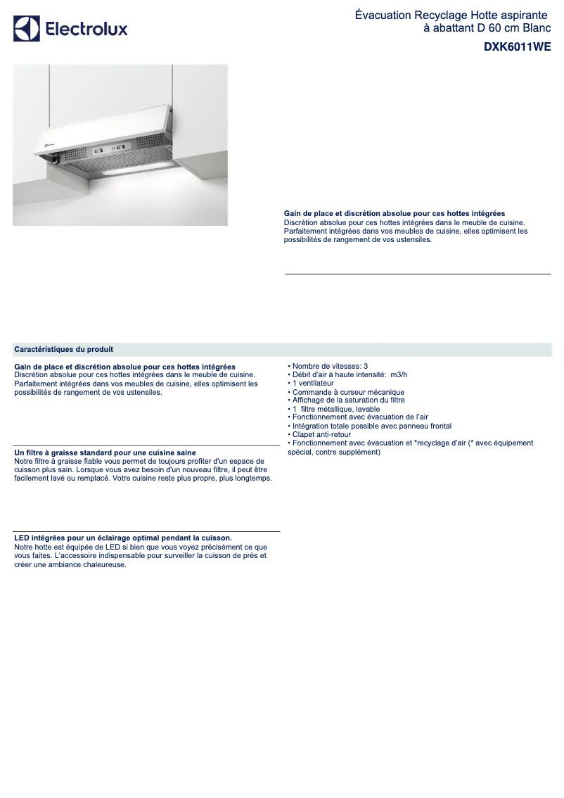 Page n°1 - Fiche technique Electrolux DXK6011WE