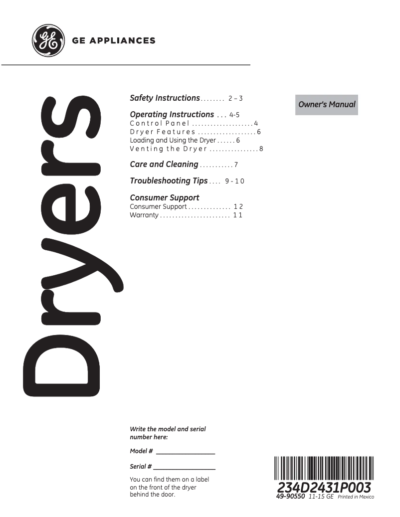 First page image of the manual for GTD33EASKWW