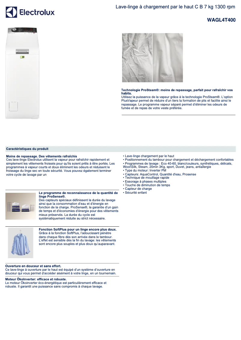 Page 1 de la notice Fiche technique Electrolux WAGL4T400
