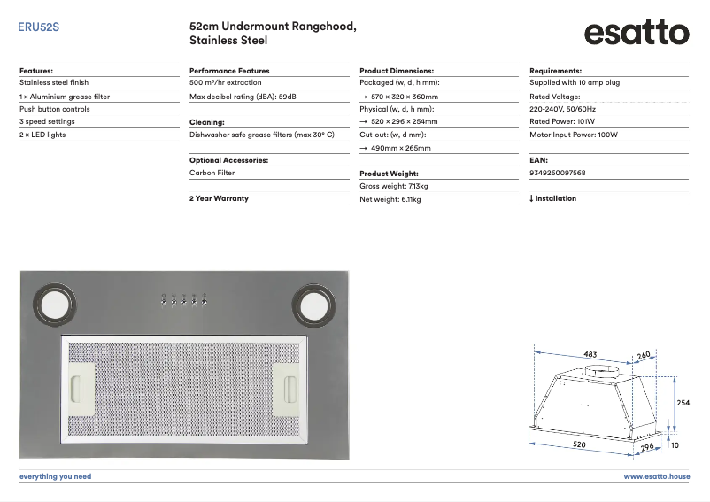 Page n°1 - Fiche technique Esatto ERU52S