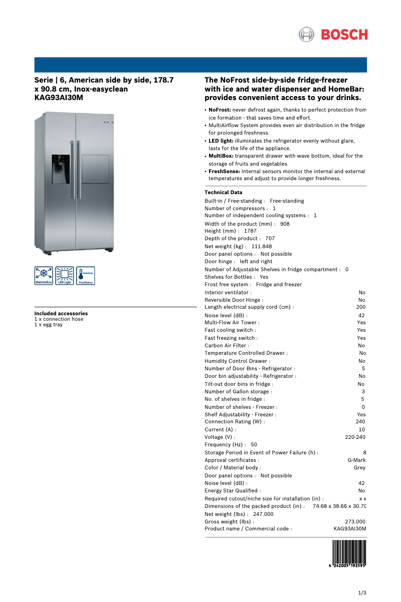 Page 1 de la notice Fiche technique Bosch KAG93AI30M