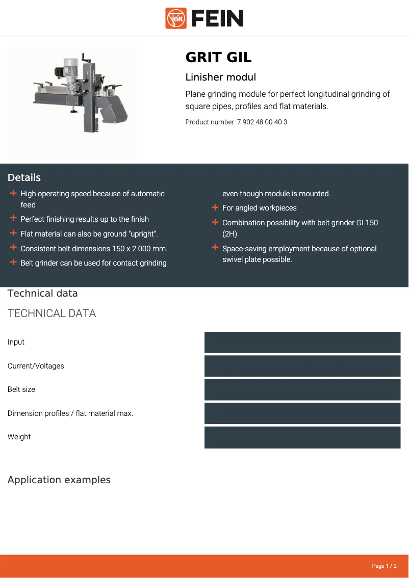 Page 1 de la notice Fiche technique Fein GRIT GIL